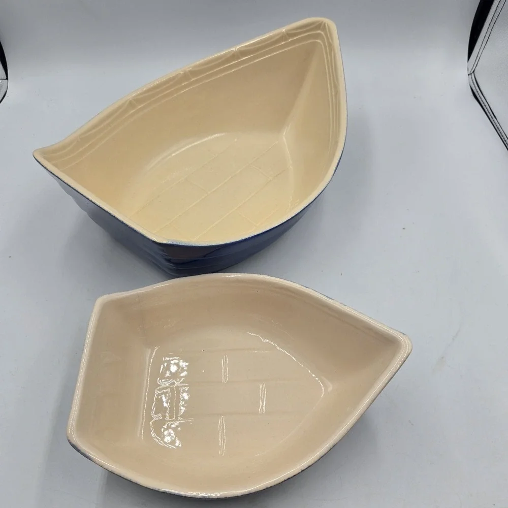 2 BCI Fabrique En Bretagne Pate Dish Baker Ceramic Boat Blue France Vintage